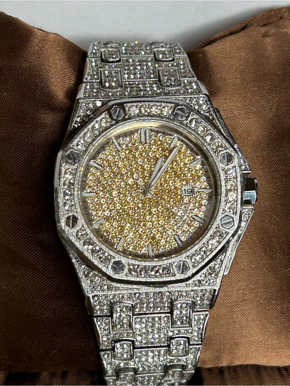 Diamond Pave Silver-Tone Watch with Gold Dial - Men Accessories